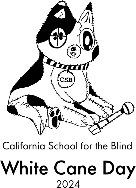 A stitched cat with a cane and collar CSB for California School for the Blind's White Cane Day 2024