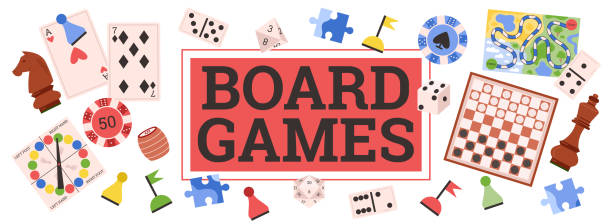 Board Games: cartoon images of various board games. 