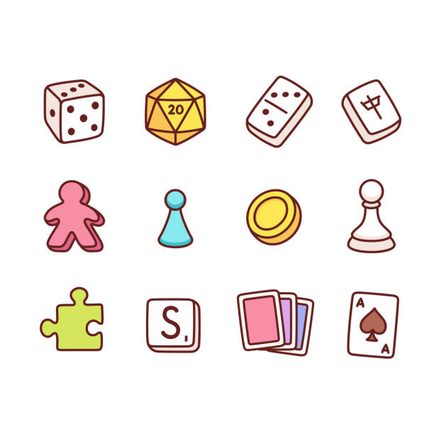 cartoon images of various game pieces, such as a six-sided die, a domino, a chess piece, and a puzzle piece.