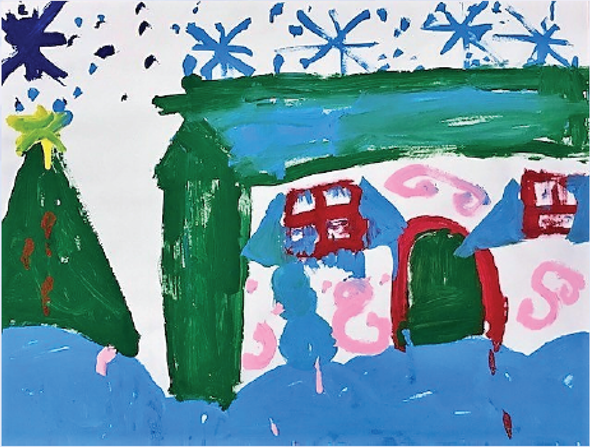 Artwork of a Christmas tree and a house