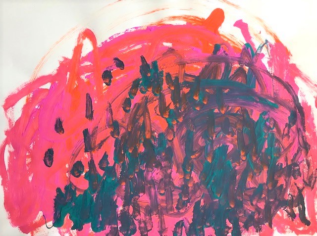 Orange, pink, and blue abstract painting by CSB student.
