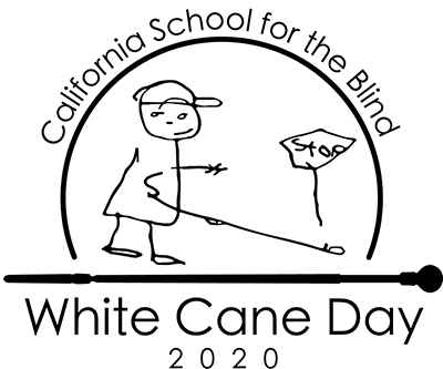 White Cane Day 2020, California School for the Blind:  Black on white line drawing of a student using a white cane, aproaching a stop sign.