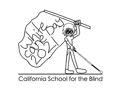 White Cane Day 2021:  Black on white line drawing of a student holding a California School for the Blind flag and using a white cane.