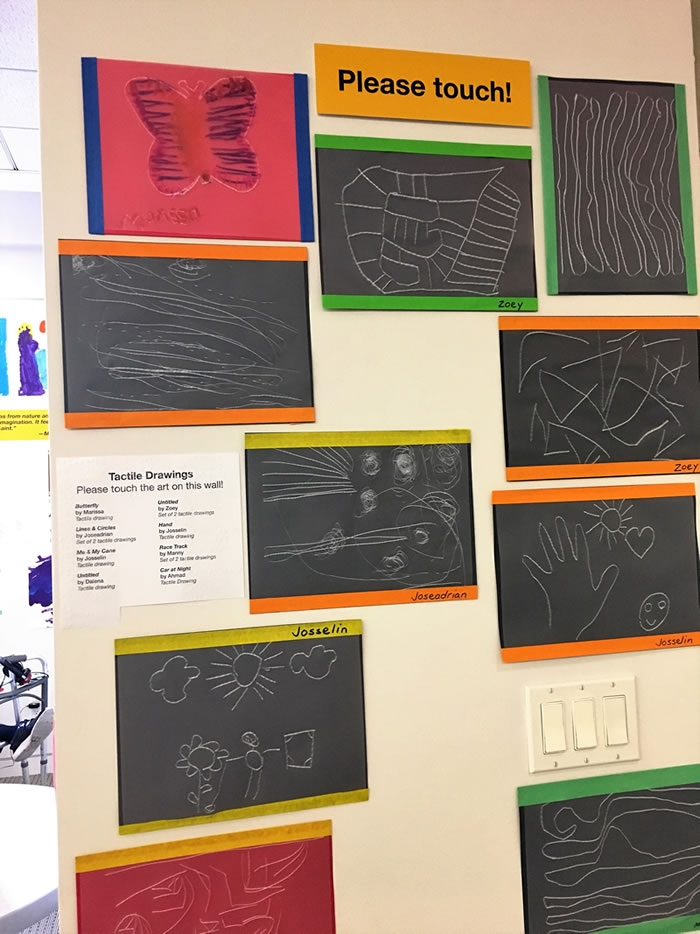 Several tactile drawings on display on an art wall in the Library.