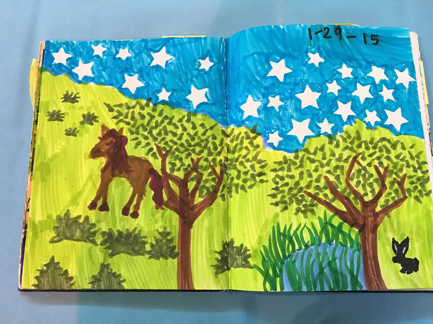 Sketchbook drawing of brown horse, black rabbit, two trees, a pond, and star filled sky.