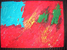 Painting with a blue square in upper left corner, and red, yellow and green in the surrounding area.