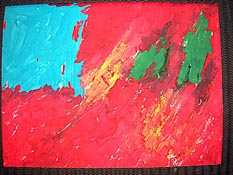 Painting with a blue square in upper left corner, and red, yellow and green in the surrounding area.