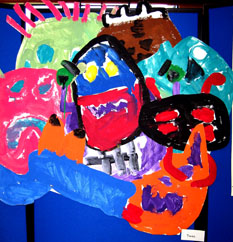 Multicolored painting depicting various monster faces.