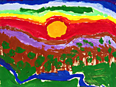 Painting of the sun setting behind a mountain range with trees and a river in the foreground.