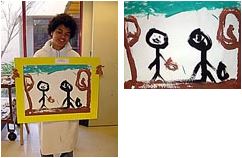 Student with their painting of two stick figure people standing by two trees, with a blue sky.