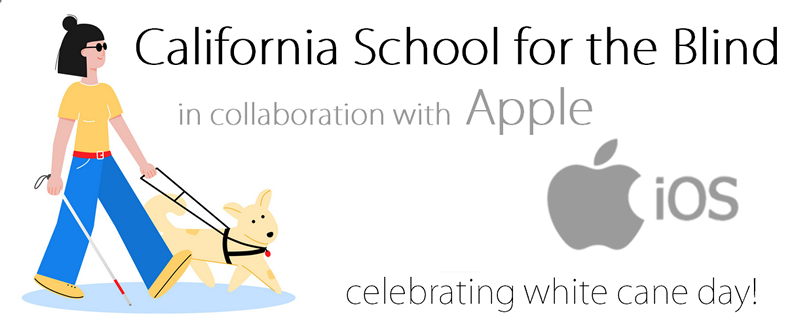 Woman with cane and guide dog. California School for the Blind in collaboration with Apple (iOS), celebrating white cane day!