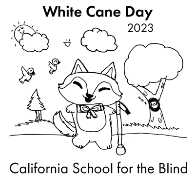 A husky going on a walk in the park holding a white cane. There are clouds and birds in the sky along with a couple of trees. The words "California School for the Blind White Cane Day 2023" are written on the picture.
