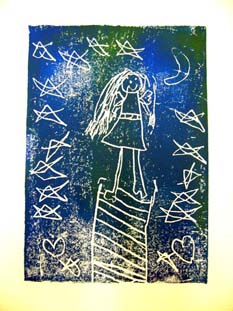 Person standing on a platform, surrounded by stars, hearts, half moon, on a blue/green background.